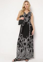 Czarna Sukienka z Ornamentalnym Wzorem Gumką w Talii i Sznurkami na Ramionach Avemina. Czarne sukienki damskie Born2be, bez wzorów, eleganckie, bez ramiączek. Za 79.99 zł.