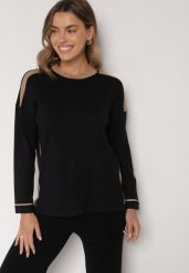 Czarny Sweter z Bawełną i Metaliczną Nicią Tusima. Czarne swetry klasyczne damskie Born2be, l, z bawełny, bez kołnierzyka. Za 79.99 zł.