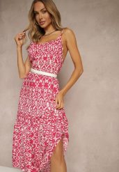 Różowa Bawełniana Sukienka w Geometryczny Wzór Koloniela. Czerwone sukienki damskie Renee, bez wzorów, z bawełny, eleganckie, bez ramiączek. W wyprzedaży za 32.99 zł.