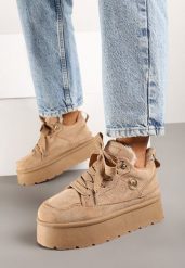 Ciemnobeżowe Sneakersy z Ekozamszu na Grubej Podeszwie Wyściełane Futerkiem Senavel. Brązowe obuwie sportowe damskie Renee, na jesień, z jeansu, bez zapięcia, trekkingowe. Za 99.99 zł.