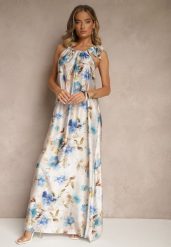 Jasnoniebieska Sukienka z Satyny w Kwiatowy Wzór Fenimea. Niebieskie sukienki damskie Renee, bez wzorów, z satyny, eleganckie, bez ramiączek. W wyprzedaży za 143.99 zł.