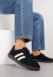 Czarno-Białe Skórzane Sneakersy na Płaskiej Podeszwie Ozdobione Paskami Nelavirae. Czarne obuwie sportowe damskie Born2be, z jeansu, bez zapięcia, tenisowe. Za 169.99 zł.