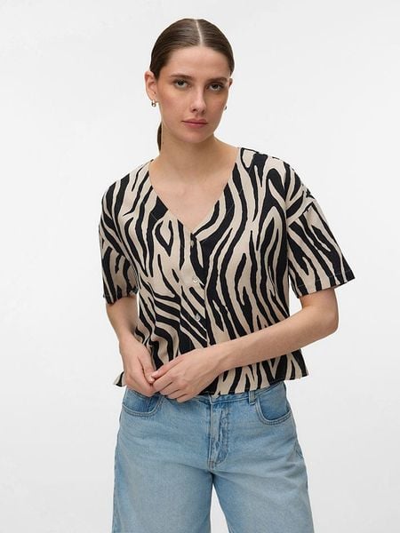 Vero Moda Koszulka w kolorze beżowo-czarnym rozmiar: S. Brązowe bluzki damskie Vero Moda, s, bez wzorów, bez kołnierzyka, bez ramiączek. Za 95.95 zł.