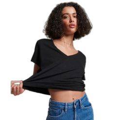 Damska koszulka z haftem i płomieniem v-neck Superdry. Czarne koszulki sportowe damskie Superdry, bez wzorów, bez ramiączek. Za 109.25 zł.