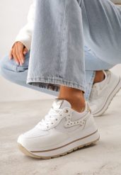 Białe Sneakersy na Platformie z Tweedowym Zdobieniem i Perforacją Dioseleia. Białe obuwie sportowe damskie Renee, z jeansu, bez zapięcia. Za 109.99 zł.