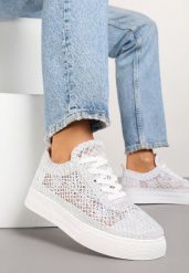 Białe Koronkowe Sneakersy na Niskiej Platformie Nanalisea. Białe obuwie sportowe damskie Born2be, z koronki, bez zapięcia. Za 89.99 zł.