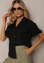 Czarna Bawełniana Koszula z Lnem o Klasycznym Fasonie Leontia. Czarne koszule damskie Renee, l, bez wzorów, z bawełny, eleganckie, bez kołnierzyka, bez ramiączek. Za 69.99 zł.