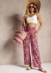 Fuksjowe Wiskozowe Spodnie Boho High Waist z Szerokimi Nogawkami i Gumką w Talii Tiamarra. Czerwone spodnie materiałowe damskie Renee, bez wzorów, z jeansu. Za 39.99 zł.