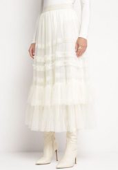 Jasnobeżowa Tiulowa Spódnica Maxi z Gumką w Pasie z Falbankami Mathurin. Brązowe spódnice damskie Born2be, na lato, s, bez wzorów, z tiulu, maxi. Za 64.99 zł.
