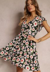 Czarna Taliowana Sukienka Mini w Kwiaty z Gumką w Talii Teziovi. Czarne sukienki damskie Renee, bez wzorów, z wiskozy, bez ramiączek. W wyprzedaży za 63.99 zł.