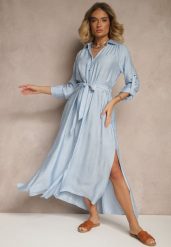 Niebieska Sukienka Koszulowa z Wiskozą Ozdobiona Paskiem Cleonira. Niebieskie sukienki damskie Renee, bez wzorów, z wiskozy, eleganckie, bez ramiączek. W wyprzedaży za 97.99 zł.