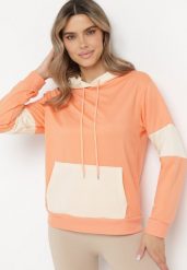 Pomarańczowa Bluza Oversize z Kapturem i Kontrastowymi Wstawkami Jevina. Brązowe bluzy damskie Born2be, l, z aplikacjami, z jeansu, z kapturem. Za 44.99 zł.