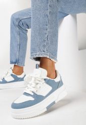 Biało-Niebieskie Sneakersy na Platformie z Szerokimi Sznurówkami Ferinal. Białe obuwie sportowe damskie Born2be, przed kostkę, bez zapięcia. Za 89.99 zł.