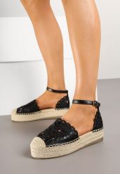 Czarne Ażurowe Espadryle na Platformie Eleanil. Czarne espadryle damskie Renee, w ażurowe wzory, z jeansu, bez obcasa, na obcasie. Za 69.99 zł.