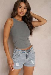 Niebieskie Szorty Jeansowe z Bawełny High Waist Wykończone Przetarciami Nellonia. Niebieskie szorty damskie Renee, bez wzorów, z bawełny, z podwyższonym stanem. Za 44.99 zł.