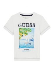 Guess Kids T-Shirt 181444 Biały Classic Fit. Białe t-shirty i koszulki chłopięce Guess Kids, z aplikacjami, bez kołnierzyka, bez ramiączek. Za 119.99 zł.