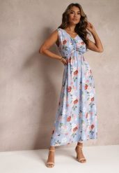 Jasnoniebieska Sukienka Maxi w Kwiaty z Gumką w Talii Kaleita. Niebieskie sukienki damskie Renee, bez wzorów, z bawełny, bez ramiączek. W wyprzedaży za 39.99 zł.