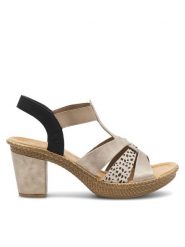 Rieker Sandały 665K3-60 Beżowy. Brązowe sandały damskie Rieker, bez wzorów, ze skóry, bez obcasa, na słupku, bez zapięcia. Za 299.99 zł.