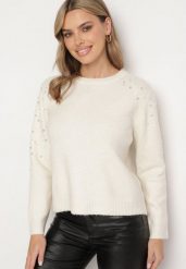 Jasnobeżowy Sweter z Bawełną Ozdobiony Cekinami Ceana. Brązowe swetry klasyczne damskie Born2be, z bawełny, bez kołnierzyka. Za 109.99 zł.