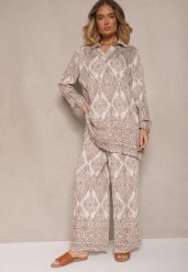 Ciemnobeżowy Komplet z Wiskozą o Kroju Oversize Koszula i Spodnie Nilarithia. Brązowe koszule damskie Renee, m, bez wzorów, z materiału, eleganckie, bez kołnierzyka, bez ramiączek. Za 89.99 zł.
