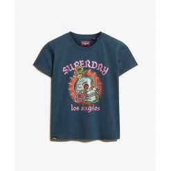 T-shirt dopasowany z dżetami w efekcie tatuażu dla kobiet Superdry. Niebieskie t-shirty damskie Superdry, bez wzorów, bez kołnierzyka. Za 240.30 zł.