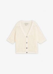 Sweter rozpinany w ażurowy wzór z dodatkiem lnu. Białe kardigany damskie bonprix, w ażurowe wzory, z bawełny. Za 169.99 zł.