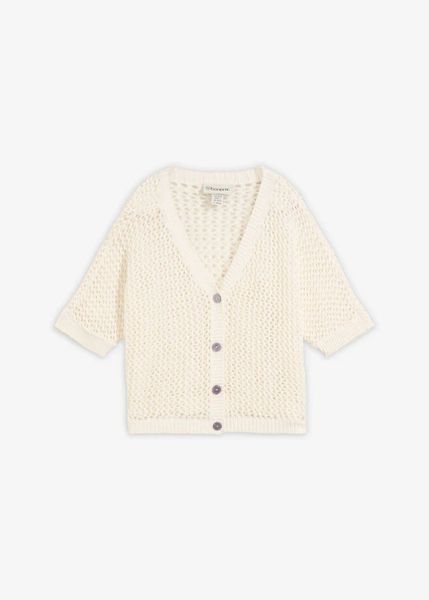 Sweter rozpinany w ażurowy wzór z dodatkiem lnu. Białe kardigany damskie bonprix, w ażurowe wzory, z bawełny. Za 179.99 zł.