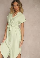 Zielona Koszulowa Rozkloszowana Sukienka z Wiskozy z Paskiem Katilene. Zielone sukienki damskie Renee, bez wzorów, z wiskozy, eleganckie, bez ramiączek. W wyprzedaży za 91.99 zł.