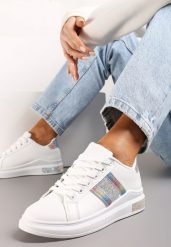Białe Sneakersy z Metalicznymi Wstawkami i Cyrkoniami na Grubej Podeszwie Wirela. Białe obuwie sportowe damskie Renee, bez zapięcia. Za 74.99 zł.