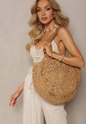 Ciemnobeżowa Boho Torebka z Plecionki z Dwoma Uchwytami Zapinana na Suwak Saiph. Brązowe torebki klasyczne damskie Renee, bez dodatków. Za 79.99 zł.