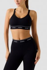 GUESS Czarny damski stanik sportowy Alba, Rozmiar M. Czarne koszulki sportowe damskie Guess, l, z aplikacjami, bez ramiączek, na fitness i siłownię. W wyprzedaży za 209.99 zł.