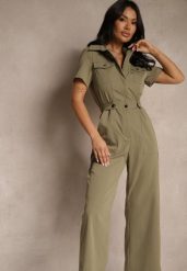 Ciemnozielony Kombinezon Wide Leg z Kołnierzykiem Suwakiem i Krótkim Rękawem Jenaralitia. Zielone sukienki damskie Renee, bez wzorów, eleganckie, bez ramiączek. W wyprzedaży za 143.99 zł.