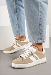 Ciemnobeżowe Sneakersy na Płaskiej Podeszwie Ozdobione Paskami Ravesi. Brązowe obuwie sportowe damskie Born2be, z jeansu, bez zapięcia. Za 79.99 zł.