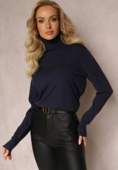 Granatowy Sweter Golf o Dopasowanym Fasonie z Wiskozą Nalexa. Niebieskie golfy damskie Renee, l, bez wzorów, z dzianiny, bez ramiączek. Za 54.99 zł.