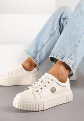 Beżowe Sneakersy na Platformie ze Skóry Naturalnej z Metaliczną Ozdobą Dolennea. Brązowe obuwie sportowe damskie Renee, z jeansu, bez zapięcia. Za 169.99 zł.