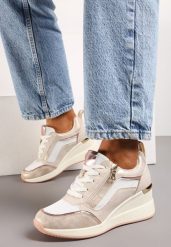 Beżowe Sneakersy na Koturnie z Ozdobnym Suwakiem i Metalicznymi Wstawkami Univia. Brązowe obuwie sportowe damskie Born2be, z jeansu, bez zapięcia. Za 109.99 zł.