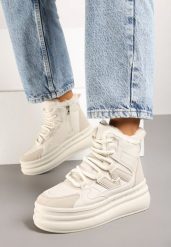 Beżowe Sneakersy na Grubej Podeszwie z Tłoczeniem Futerkiem i Geometryczną Wstawką Nealandra. Brązowe obuwie sportowe damskie Born2be, na jesień, z futra, bez zapięcia, trekkingowe. Za 109.99 zł.