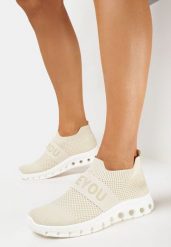 Beżowe Buty Sportowe ze Skarpetkową Cholewką i Napisem Thirllas. Brązowe obuwie sportowe casual damskie Born2be. Za 54.99 zł.