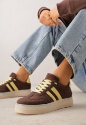 Ciemnobrązowe Sneakersy na Platformie w Stylu Tenisówek Ozdobione Paskami Ladia. Brązowe obuwie sportowe damskie Renee, na wiosnę, z jeansu, bez zapięcia, tenisowe. Za 99.99 zł.