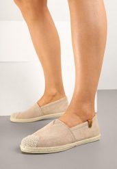 Ciemnobeżowe Espadryle ze Zdobieniami z Plecionki i Elastyczną Wstawka Nelithae. Brązowe espadryle damskie Born2be, z aplikacjami, bez obcasa. Za 44.99 zł.