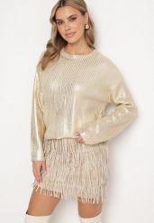 Złoty Połyskujący Sweter Zerinna. Żółte swetry klasyczne damskie Born2be, m, z dzianiny, bez kołnierzyka. Za 129.99 zł.