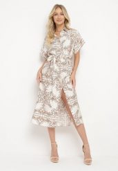 Jasnobeżowa Sukienka Wiskozowa o Koszulowym Kroju z Gumką w Talii i Materiałowym Paskiem Brelefia. Brązowe sukienki damskie Born2be, bez wzorów, z materiału, eleganckie, bez ramiączek. W wyprzedaży za 118.99 zł.
