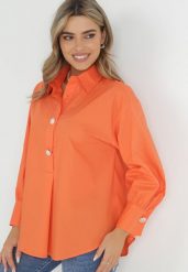 Pomarańczowa Koszula Bawełniana Trapezowa Hazala. Brązowe koszule damskie Born2be, l, bez wzorów, z bawełny, eleganckie, bez kołnierzyka, bez ramiączek. Za 149.99 zł.