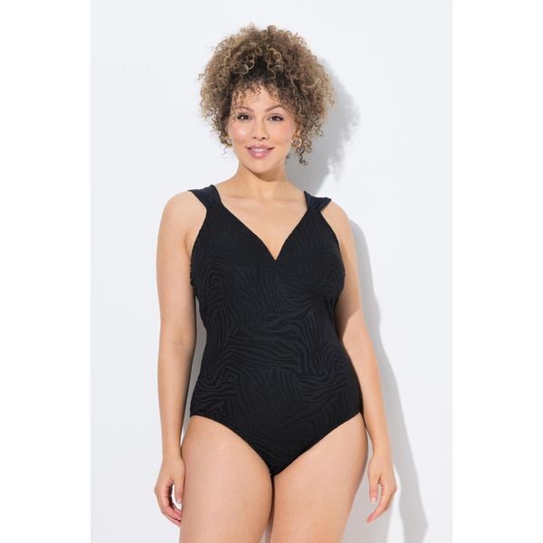 Damski Strój kąpielowy wiązanie tygrysia struktura miękkie miseczki. Czarne stroje jednoczęściowe Ulla Popken, bez wzorów, z elastanu. Za 294.99 zł.