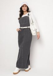 Ciemnoszara Sukienka Ogrodniczka z Rozcięciem z Tyłu Tashiris. Szare sukienki damskie Born2be, z aplikacjami, z jeansu, eleganckie, bez ramiączek. Za 179.99 zł.