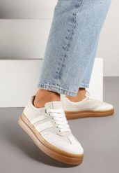 Biało-Beżowe Sneakersy w Stylu Tenisówek z Paskami Falanisa. Białe obuwie sportowe damskie Born2be, z jeansu, bez zapięcia, tenisowe. Za 84.99 zł.