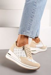 Beżowe Sneakersy na Ukrytym Koturnie z Ozdobnym Suwakiem i Ażurowym Wzorem Reladia. Brązowe obuwie sportowe damskie Born2be, z materiału, bez zapięcia. Za 129.99 zł.