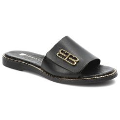 Czarne Klapki Armodo Modne Obuwie Damskie. Czarne klapki damskie Armodo, bez wzorów, ze skóry, bez obcasa, bez zapięcia. Za 299.00 zł.