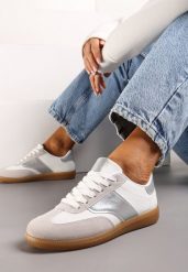 Biało-Srebrne Sneakersy Tenisówki z Klasycznym Sznurowaniem Norio. Białe obuwie sportowe damskie Renee, z jeansu, bez zapięcia, tenisowe. Za 69.99 zł.