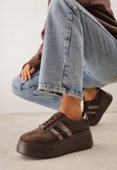 Brązowe Sneakersy na Platformie z Zamszu Naturalnego ze Skórzaną Wkładką Heizeiros. Brązowe obuwie sportowe damskie Renee, z jeansu, bez zapięcia. Za 219.99 zł.